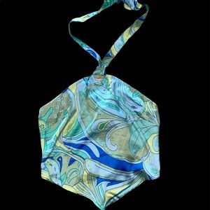 Blue and green bandanna print silk halter